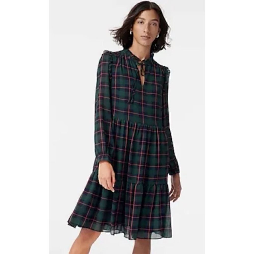 J. Crew Tie-neck tiered dress in Black Watch tartan-AT593 Size S / NWOT
